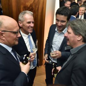 Sven Bradke im Gespräch mit Neo-Nationalrat Nicolo Paganini (CVP/SG) und den Ständeräten Andrea Caroni (FDP/AR) und Paul Rechsteiner (SP/SG).